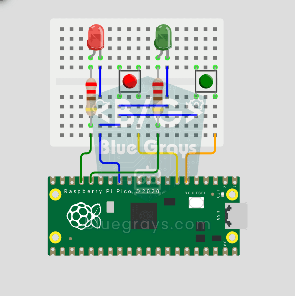 Raspberry Pi Pico: Independent Control of 2 LEDs Using 2 Buttons (GP12-13 + GP4-5)