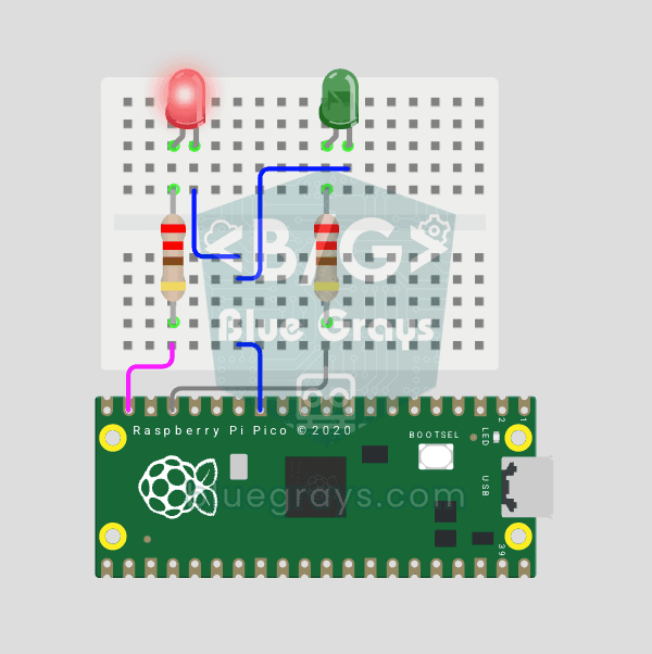 Raspberry Pi Pico Alternating Two LEDs (Blink-Flip Pattern, GP14 + GP13)